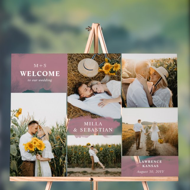 Rosewood Pink Clean Modern & 5 Photos Welcome Acrylic Sign (Neutral)