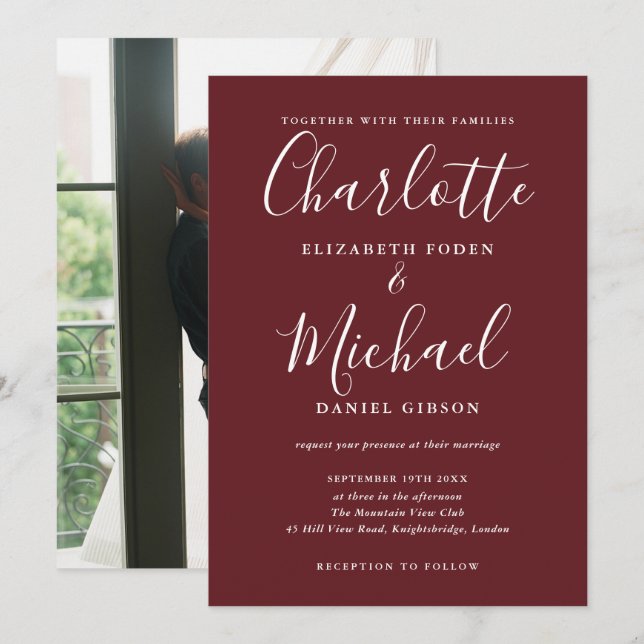 Rosewood Pink Elegant Modern Script Photo Wedding Invitation (Front/Back)