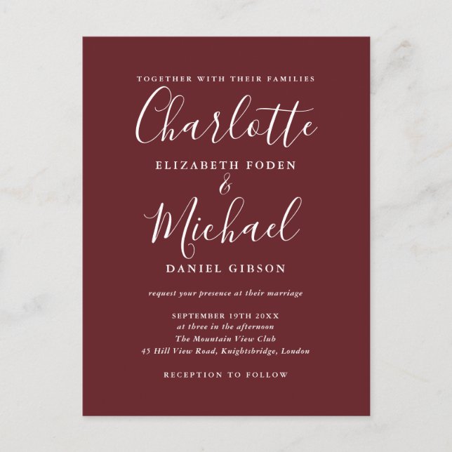 Rosewood Pink Elegant Modern Script Wedding Invitation Postcard (Front)