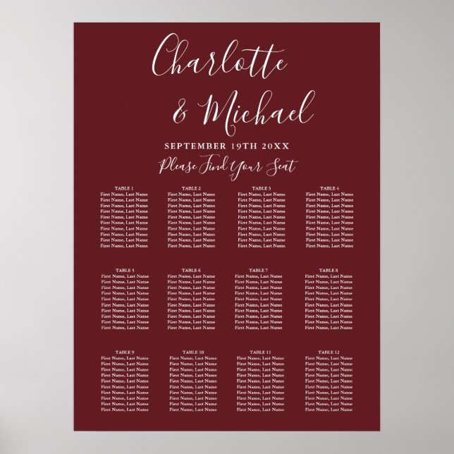 Rosewood Pink Elegant Script Wedding Seating Chart (Front)