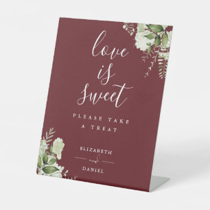 Rosewood Pink Floral Greenery Love Is Sweet Favour Pedestal Sign
