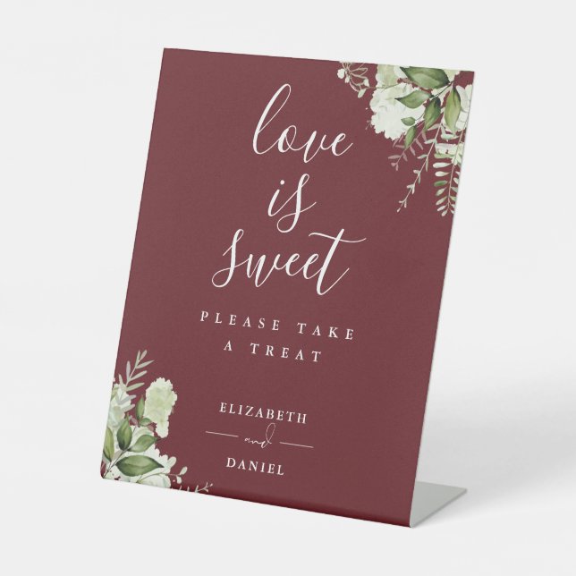 Rosewood Pink Floral Greenery Love Is Sweet Favour Pedestal Sign (Front)