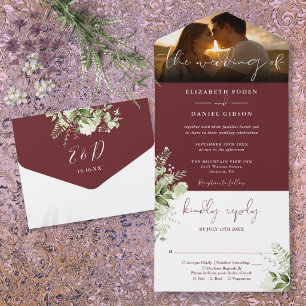 Rosewood Pink Floral Greenery Wedding Photo All In One Invitation
