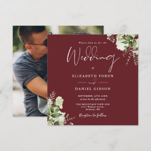 Rosewood Pink Greenery Floral Photo Square Wedding Invitation