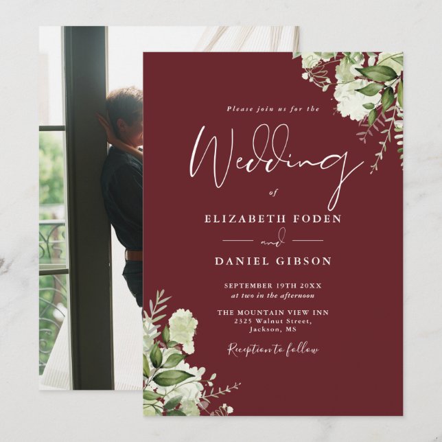 Rosewood Pink Greenery Floral Photo Wedding Invitation (Front/Back)