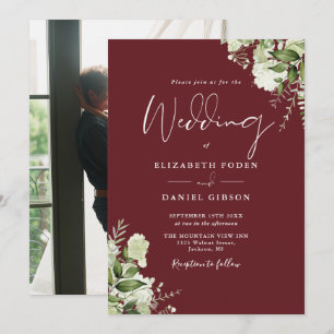 Rosewood Pink Greenery Floral Photo Wedding Invitation