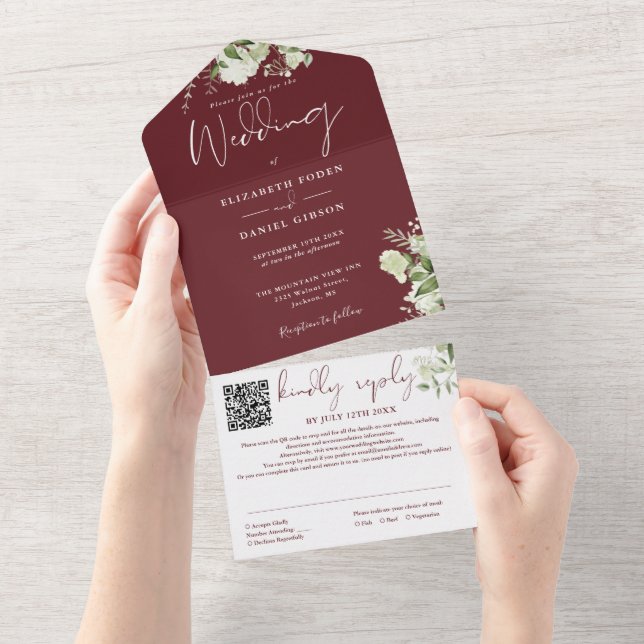 Rosewood Pink Greenery Monogram QR Code Wedding All In One Invitation (Tearaway)