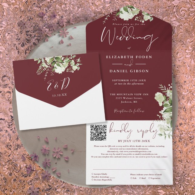Rosewood Pink Greenery Monogram QR Code Wedding All In One Invitation (Rosewood Pink Greenery Monogram QR Code Wedding All In One Invitation)