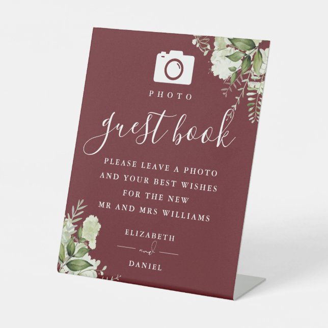 Rosewood Pink Greenery Photo Guest Book Wedding Pedestal Sign (Front)