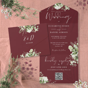 Rosewood Pink Greenery QR Code Monogram Wedding All In One Invitation