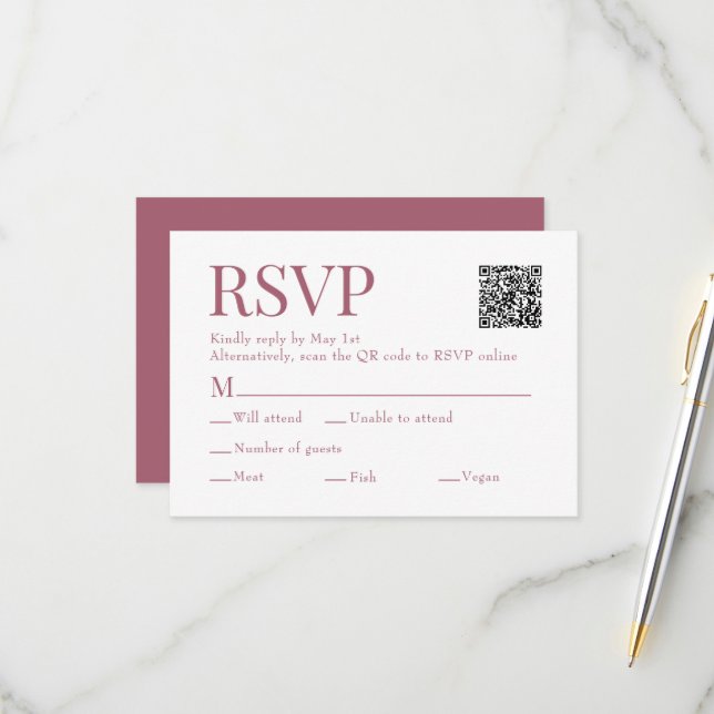 Rosewood Pink Scan Qr Code Meal Choice Wedding RSVP Card (Front/Back In Situ)