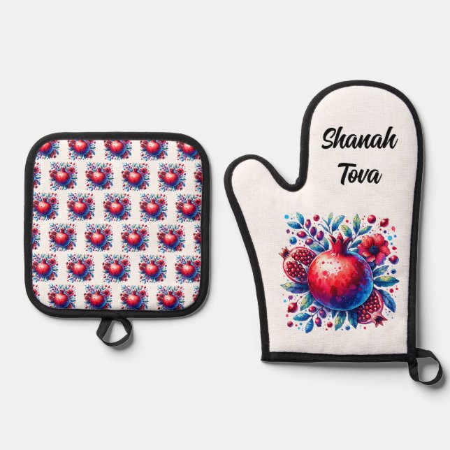 Rosh Hashana Water colour Pomegranate  Oven Mitt & Pot Holder Set (Front)