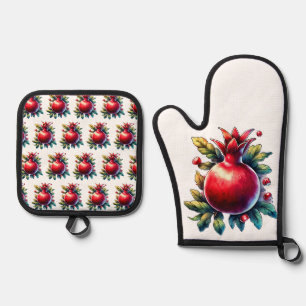 Rosh Hashana Water colour Red Pomegranate Oven Mitt & Pot Holder Set
