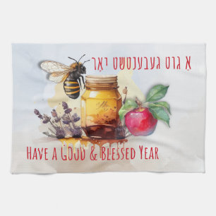 Rosh Hashana Yiddish Greetings Honey Apple Tea Towel
