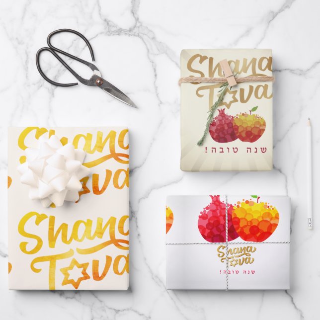 Rosh Hashanah 3 Pomegranates Fun Festive Style Wrapping Paper Sheet (Front)
