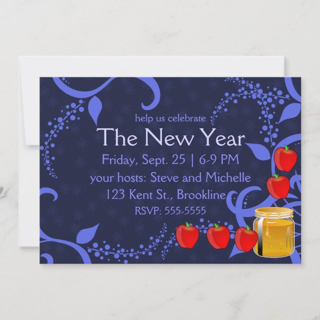 Rosh Hashanah Apples and Honey on Blue Invitation (Front)