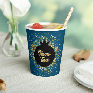Rosh Hashanah Blue Black-Gold Sparkly Pomegranate Paper Cups