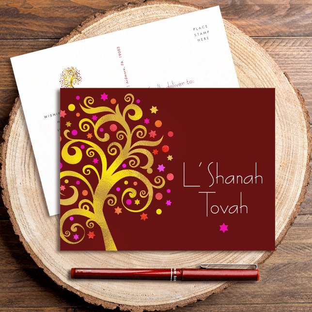 Rosh Hashanah Burgundy Gold Foil Tree of Life Bold Holiday Postcard (Creator Uploaded)