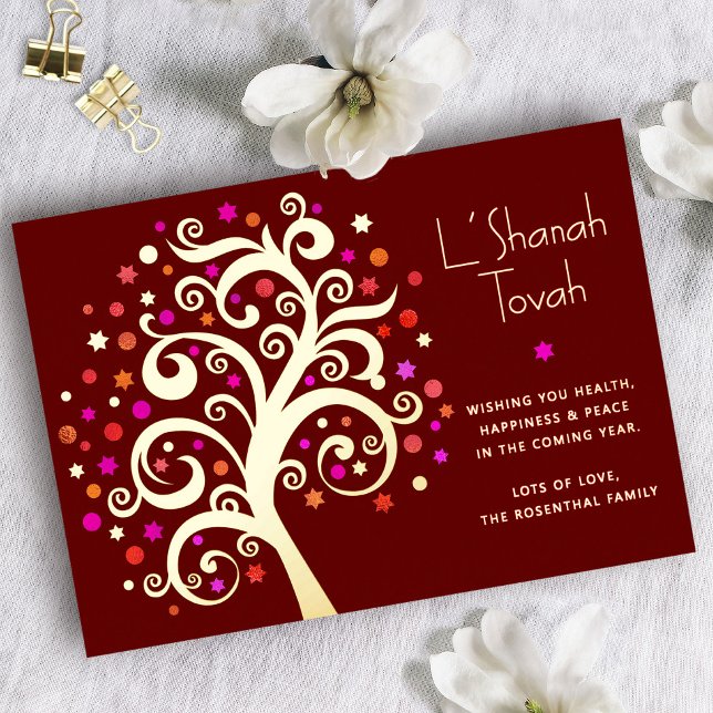 Rosh Hashanah Burgundy Tree of Life Real Gold Foil Holiday Card (Creator Uploaded)