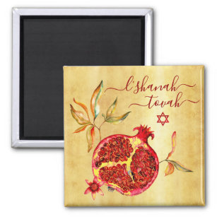 Rosh Hashanah Chic Red Pomegranate Watercolor Gold Magnet
