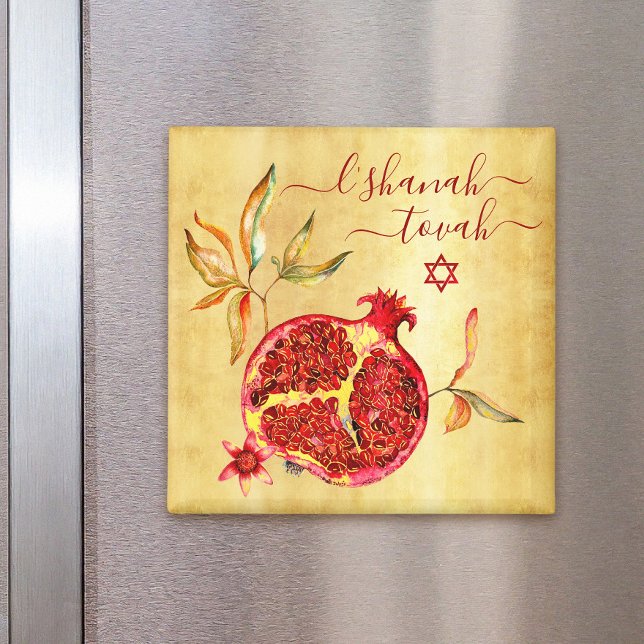Rosh Hashanah Chic Red Pomegranate Watercolor Gold Magnet (Creator Uploaded)