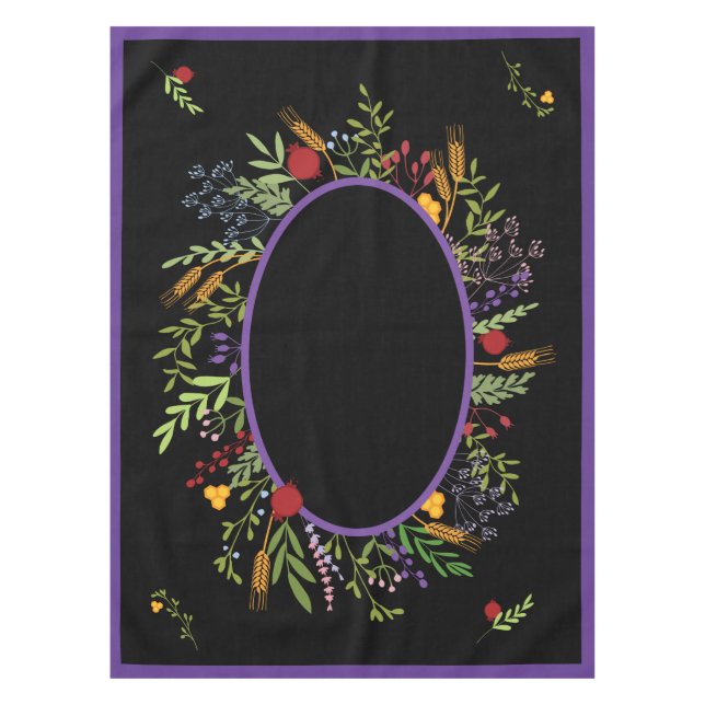 Rosh Hashanah Colourful Oval Floral Wreath on Blac Tablecloth (Front)