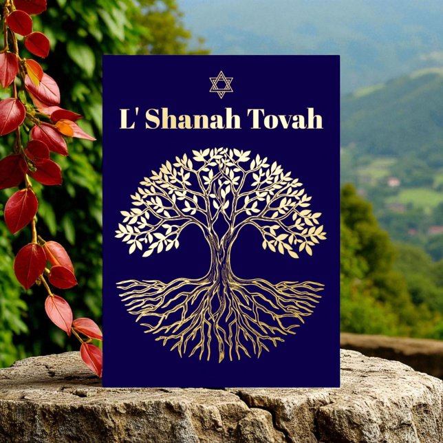 Rosh Hashanah Gold Foil Tree of Life Blue Foil Holiday Card (Creator Uploaded)