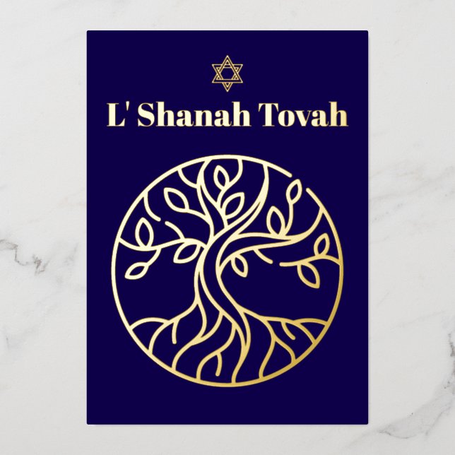 Rosh Hashanah Gold Foil Tree of Life Blue Holiday Card (Front)
