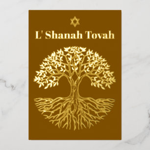 Rosh Hashanah Gold Foil Tree of Life Brown Holiday Card