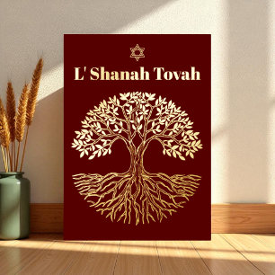 Rosh Hashanah Gold Foil Tree of Life Burgundy Holiday Card