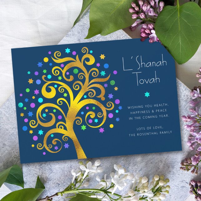 Rosh Hashanah Gold Foil Tree of Life Navy Modern Holiday Card (Creator Uploaded)
