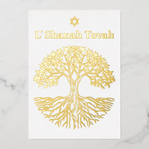 Rosh Hashanah Gold Foil Tree of Life White Holiday Card