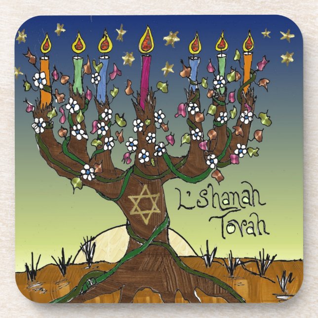 Rosh Hashanah L'Shanah Tovah Tree Of Life Menorah Coaster (Front)