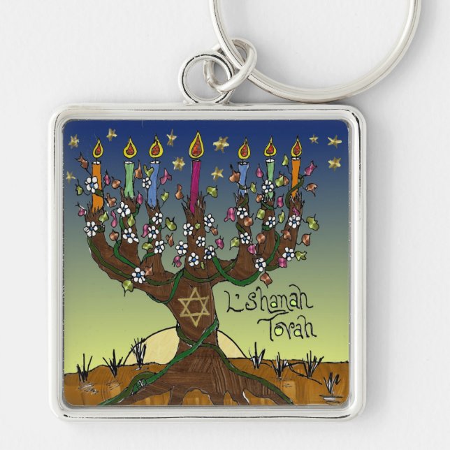 Rosh Hashanah L'Shanah Tovah Tree Of Life Menorah Key Ring (Front)