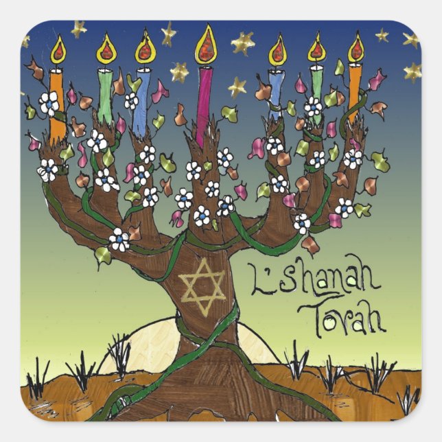 Rosh Hashanah L'Shanah Tovah Tree Of Life Menorah Square Sticker (Front)