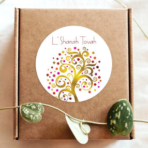 Rosh Hashanah Modern Gold Red Foil Tree of Life Classic Round Sticker