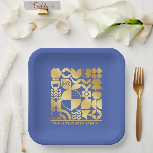 Rosh Hashanah Modern Jewish New Year Plate - Blue (Wedding)