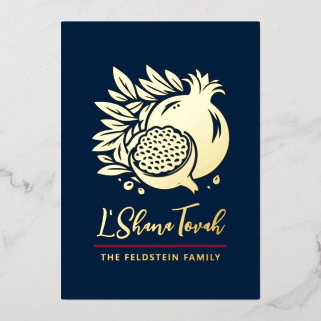 Rosh Hashanah Modern Pomegranate Jewish New Year Foil Holiday Card (Front)