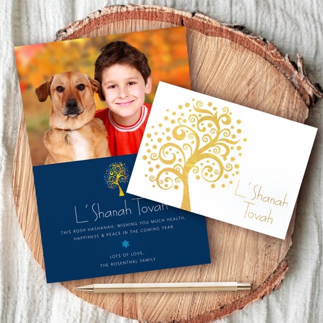 Rosh Hashanah Navy Tree of Life Photo Real Gold Foil Card (Creator Uploaded)
