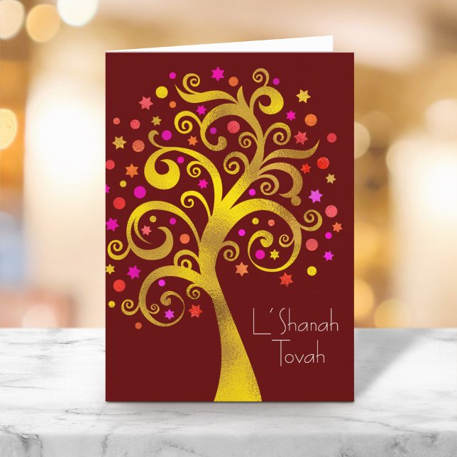Rosh Hashanah Red Gold Foil Tree of Life Burgundy Card (Creator Uploaded)