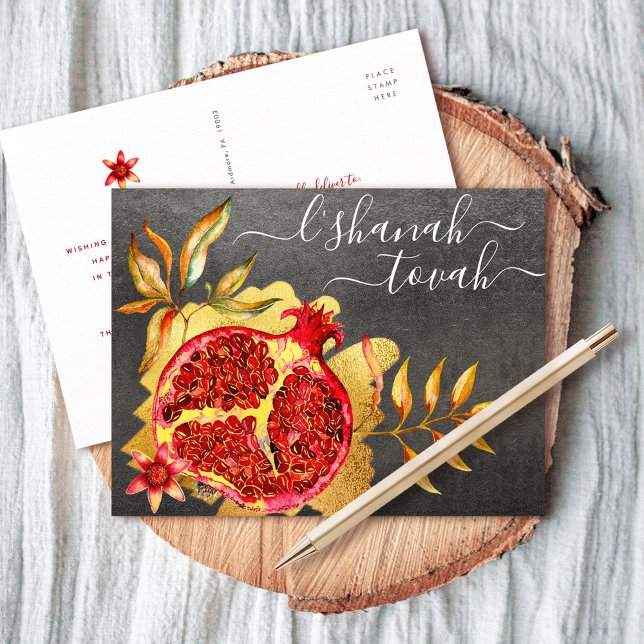 Rosh Hashanah Red Gold Watercolor Pomegranate Grey Holiday Postcard (Creator Uploaded)