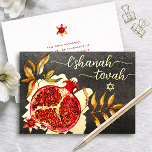Rosh Hashanah Red Pomegranate Watercolor Real Gold Foil Holiday Card