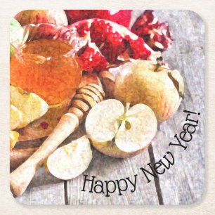 Rosh Hashanah Rustic Apples and Honey New Year Square Paper Coaster