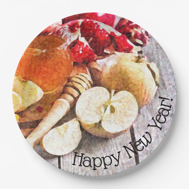 Rosh Hashanah Rustic Artwork of Apples and Honey Paper Plate (Front)