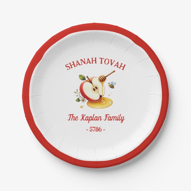 Rosh Hashanah Shanah Tovah Apple Honey Family Paper Plate (Front)