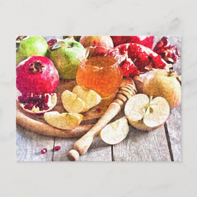 Rosh Hashanah Watercolor Apples and Honey Postcard (Front)
