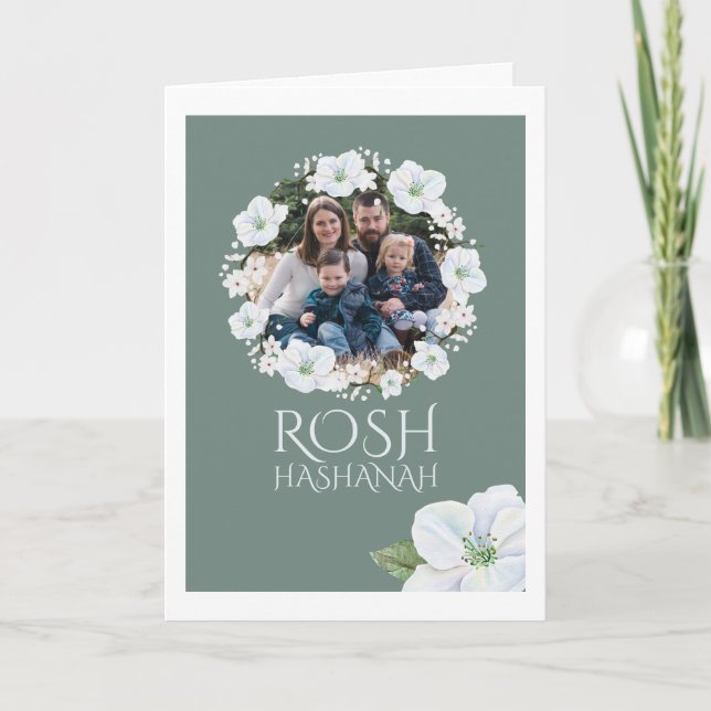 Rosh Hashanah White Apple Blossom Wreath Photo Card (Front)