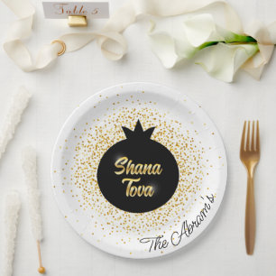 Rosh Hashanah White Black-Gold Sparkly Pomegranate Paper Plate