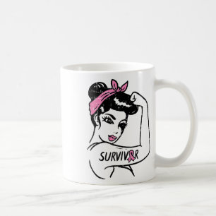 Rosie Riveter Breast Cancer Survivor Ribbon Awaren Coffee Mug