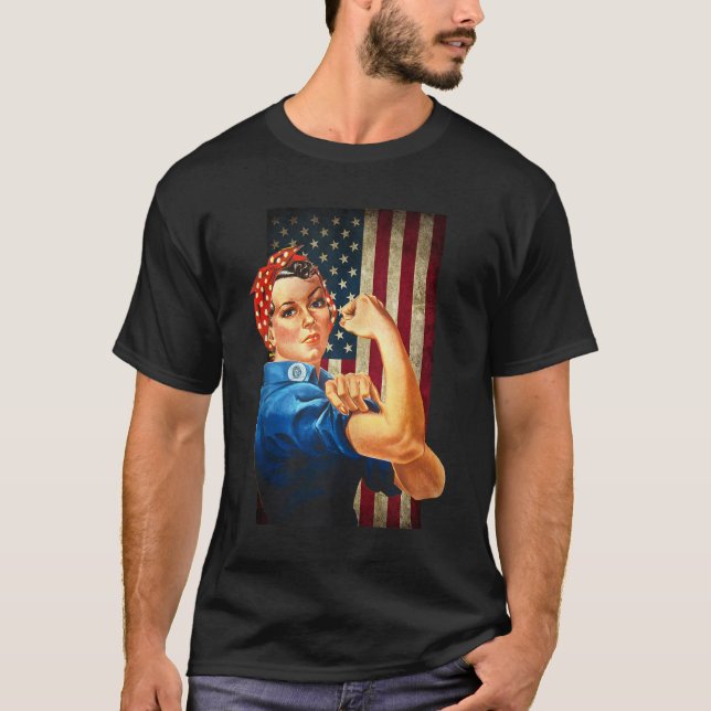 Rosie the Riveter and worn American Flag  T-Shirt (Front)